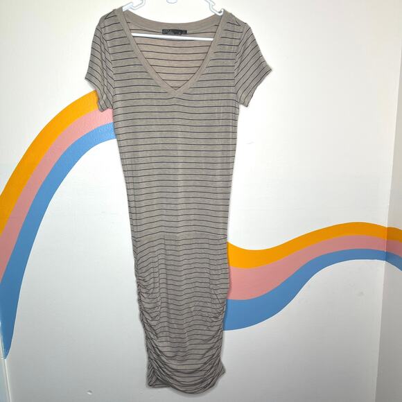 prAna Striped V Neck Midi T Shirt Dress Womens Size S Taupe Gray Ruched Stretch - Picture 2 of 7